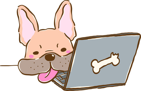 sleepy French Bulldog Work From Home Using Laptop Cartoon Hand Drawn