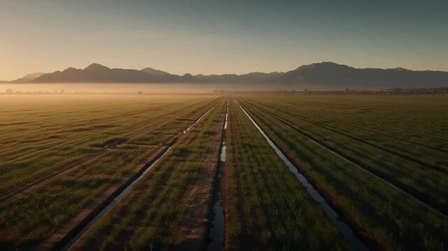 Aerial view of vast farm fields at sunrise with irrigation