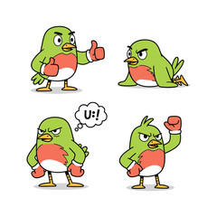 Fototapeta premium Cartoon bird character showing different emotions and gestures with boxing gloves