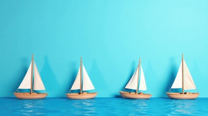 Naklejka premium Four miniature sailboats afloat on a tranquil blue water surface against a vibrant backdrop