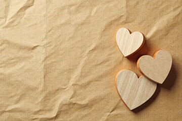Fototapeta premium Three wooden hearts rest on crumpled paper background, signifying affection, romance, and love