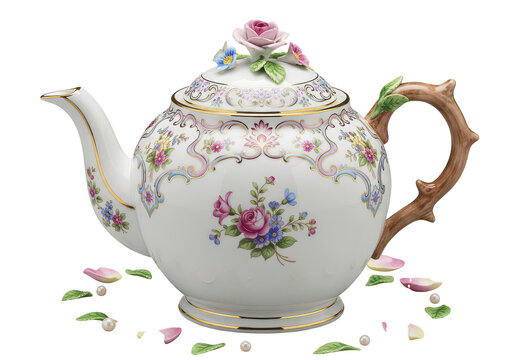 Elegant porcelain teapot with floral details and scattered petals on transparent background