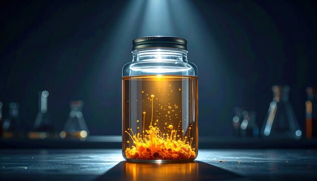 FlyPro Firefly sealed glass specimen jar, showcasing suspended glowing biological matter under strong directional light, presented in a high-resolution photographic style.