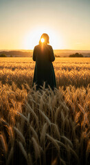 Fototapeta premium Back view of figure in coat in wheat field at sunset, sun behind the head. Symbolizes connection, peace, solitude, and nature's golden hour glow