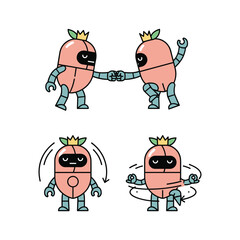 Fototapeta premium Robot peach characters interacting with mechanical parts in a playful robotic dance
