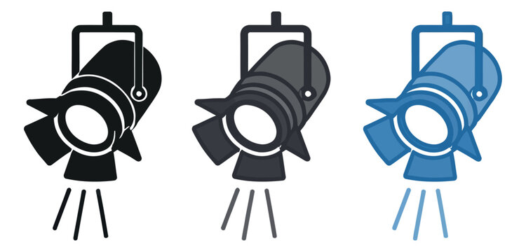 Line art spotlight icon set featuring various colored stage lights emitting bright beams for entertainment and event design
