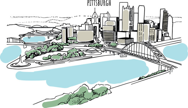 Typography word Pittsburgh branding technology concept. Hand drawn pencil, ink, brush vector illustration. Pennsylvania culture travel set, architectures, specialties detailed silhouette. USA landmark