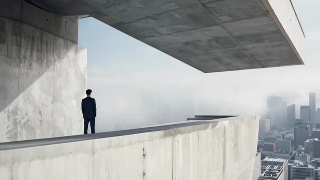 Cinematic rooftop video with solitary figure above city fog, expressing scale, isolation, and strategic perspective.
