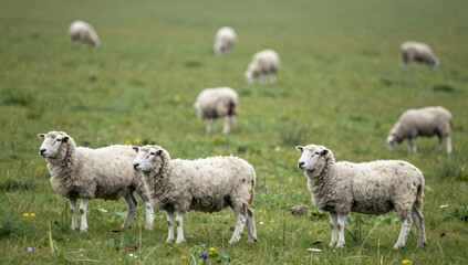 Obraz premium Sheep graze in a green pasture during the daytime in a natural outdoor setting