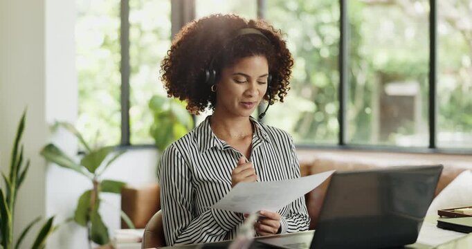 Woman, headset and laptop with document at house for consultant, customer service and script. Person, remote work and pc with paperwork, contact client and procedure manual with account information