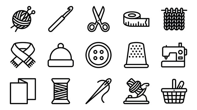 Set of black line icons for sewing and knitting hobbies, featuring yarn, scissors, a sewing machine, thimble, and button, presented as a simple vector illustration collection
