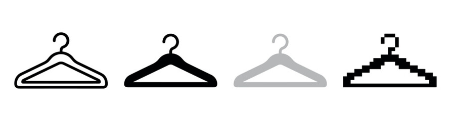 Set of four clothes hanger icons showing different graphic styles including outline, solid silhouette, and pixel art for fashion and retail concepts