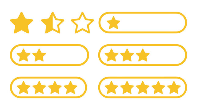 Yellow star rating icon set showing one to five stars for customer product review, feedback, and satisfaction evaluation in a flat graphic vector illustration style