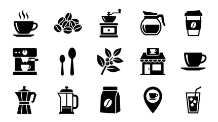 Set of black coffee-related icons showing a cup, beans, grinder, pot, espresso machine, and other brewing equipment in a simple minimalist glyph style for graphic design