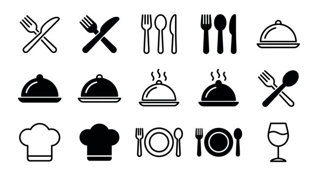 Collection of black food and dining icons showing cutlery, a serving cloche, a chef hat, a plate, and a wine glass in a clean, minimalist silhouette and outline vector style