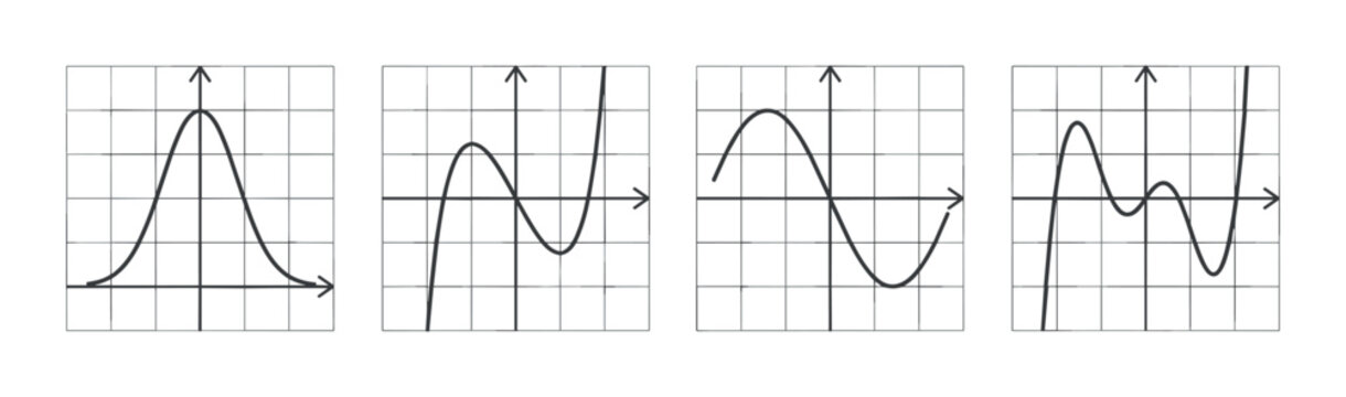 Four hand-drawn mathematical function graphs on a coordinate system, a collection of various curves and plots used for science, statistics, and educational illustrations