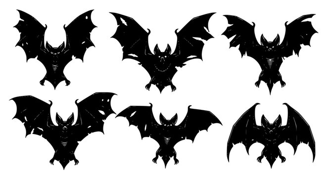 Flock of Zombie Bats Silhouette Set with Torn Wings Halloween Vector Illustration