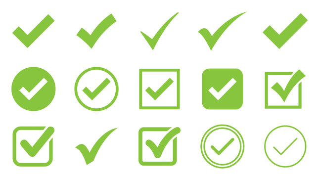 Collection of green check mark icons in various styles, including simple ticks, circles, and squares, representing approval, success, and completion in a flat design vector set