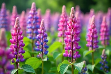 Obraz premium Vibrant Lupine Flowers in a Field of Blossoms, Showing Delicate Petals and Lush Green Foliage Under Soft Sunlight