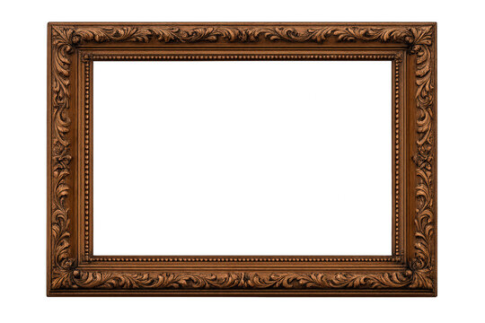 Ornate antique wooden picture frame with baroque carving and elegant gold leaf details on transparent background