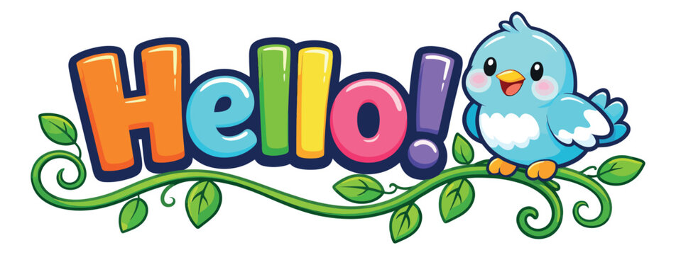 Cheerful cartoon illustration of a cute bird on a vine with the colorful word Hello! depicting a friendly greeting for children's content