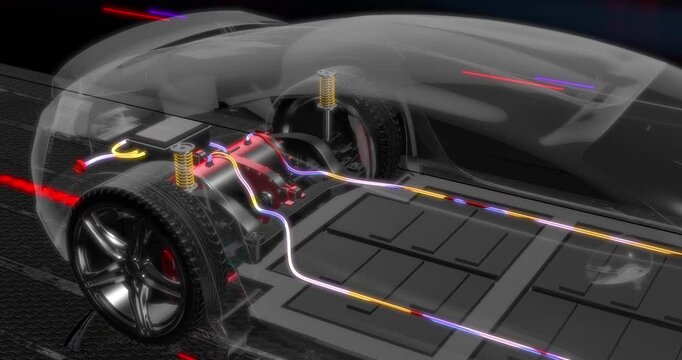 Dashboard Start EV Button Opening Electric Car Internal View. Technology Related 3D 4K Animation.