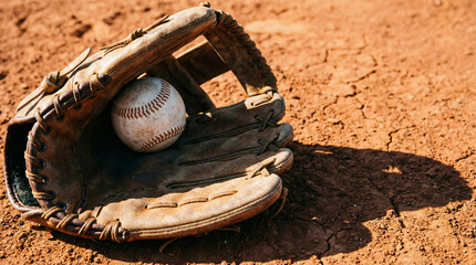 Vintage Baseball Glove with Ball Resting on Dry Red Clay Field Surface