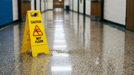 Caution Sign for Wet Floor in Indoor Public Space with Reflective Surface and Lighting