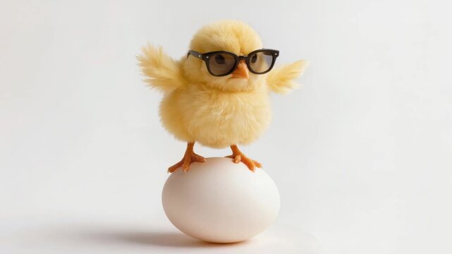 Fluffy yellow Easter chick in black sunglasses balances on large egg against clean white background. Anthropomorphic pose creates humorous festive mood and playful holiday concept.