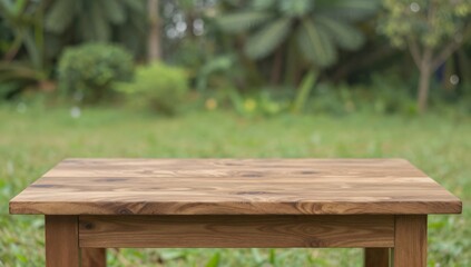 Rustic wooden table stands in a peaceful grassy meadow with trees in the background