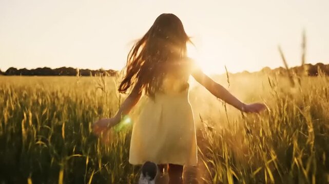 Woman Dancing in Golden Wheat Field at Sunset.