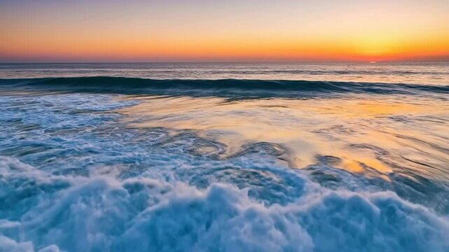 Ocean wave is crashing during a beautiful sunset, creating a scenic view.