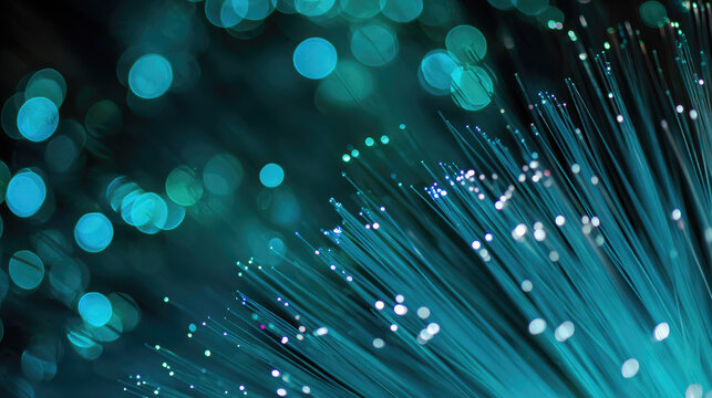 Fiber optic cable technology abstract blue glowing light digital communication network background futuristic macro internet data connection modern science blur energy electric innovation speed