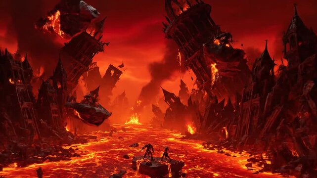 Apocalyptic fantasy city burning in hellish lava landscape