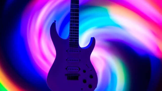 Electric guitar bathed in vibrant neon lights, a musical instrument ready to play