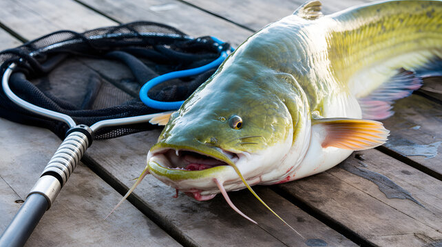 A large catfish lies on a wooden dock next to a fishing net and pole