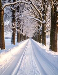 Obraz premium Snow-covered road with trees lining both sides in winter, leading to the horizon