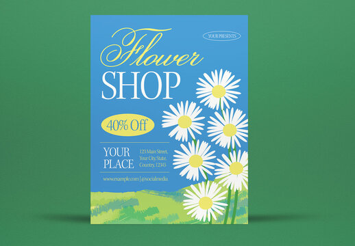 Blue And Yellow Handdrawn Organic Flower Shop Flyer Layout