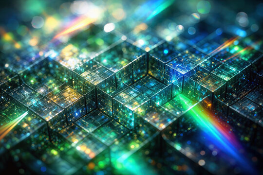 Extreme close-up macro of perovskite crystal surface molecular grid with rainbow light refraction emerald green sapphire blue scientific beauty material science concept