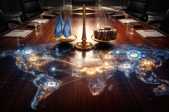 Board of Peace Concept Transactional Diplomacy and Private Sector Leadership 2026 corporate boardroom world map holograms golden scales UN flags corporate logos executive negotiation table