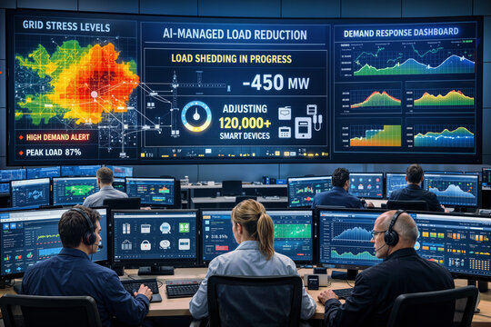 Modern utility control center monitoring AI-managed load reduction and demand response dashboard for smart grid energy efficiency IEA sustainable living peak load reduction blackout prevention