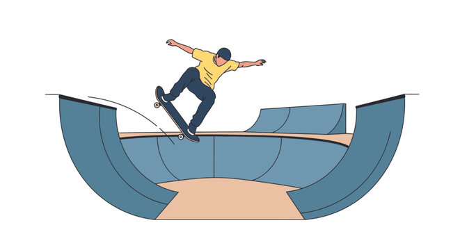 Skateboarder performs trick on skate ramp at skatepark with blue ramps