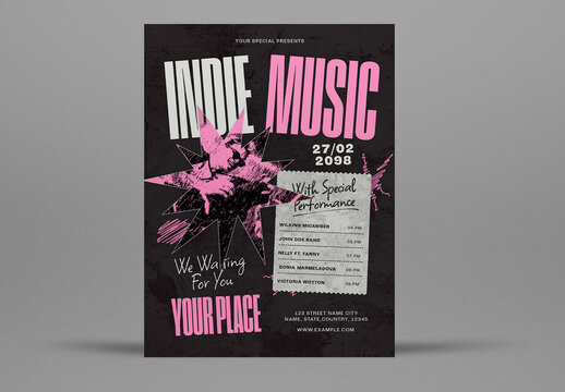 Pink And Gray Grunge Indie Music Flyer Layout