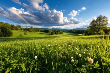 Serene Spring Rain Shower Over Blooming Countryside Field with Rainbow in Background