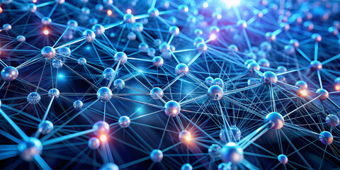 Fototapeta premium A network of lines and spheres shows various connections in a digital setting. The background includes bright blue and white lights, giving a sense of depth and complexity