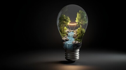 surreal glowing light bulb containing miniature ecosystem with trees and river inside, dark background, soft spotlight, sustainability and innovation