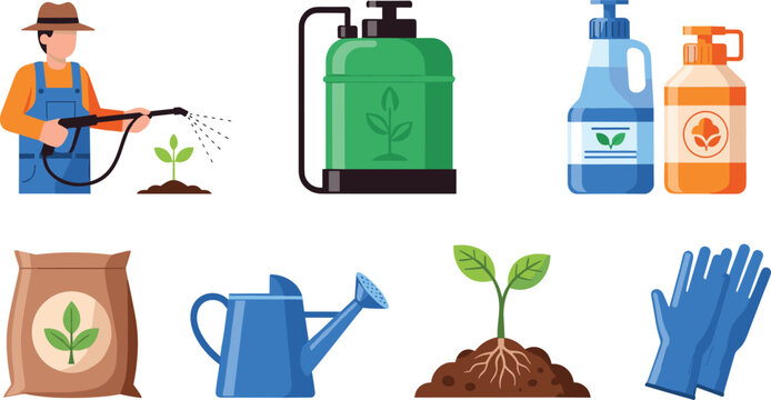 Pest control and farming equipment set with farmer spraying pesticide, watering can, fertilizer and plants on white background.