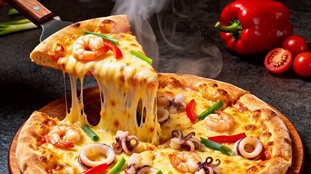 Seafood pizza loaded with shrimp, octopus, melted cheese, red pepper slices, fresh vegetables, steaming hot slice ready to enjoy