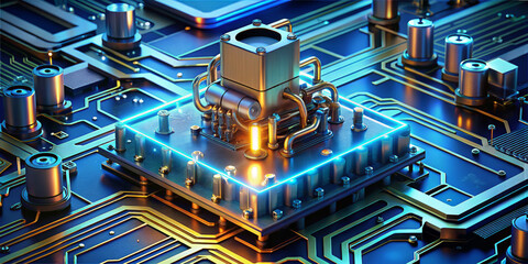 A close-up shows a computer processor on a circuit board. The processor has blue lights and metal components. The image captures intricate details of the technology and design