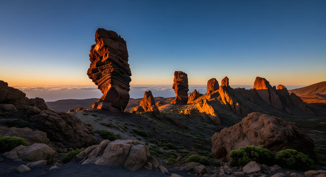 Dramatic volcanic rock formations in Teide National Park above t